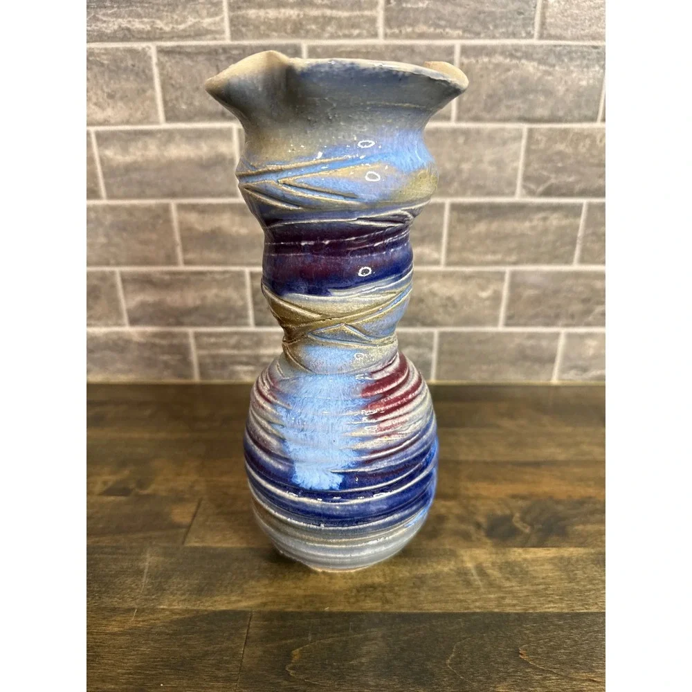 Studio Art Pottery Vase Blue Burgundy Ruffled Rim Hand Thrown Studio Glazed 9